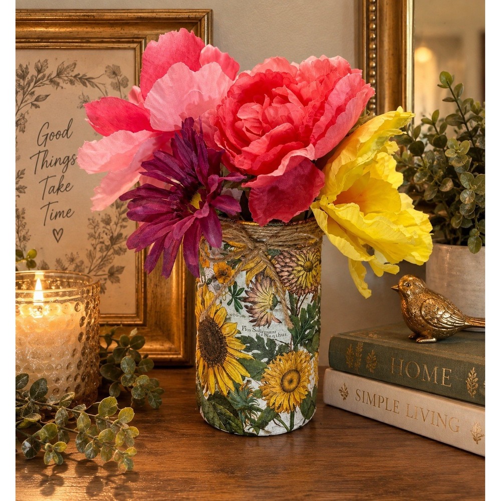 Handcrafted Floral Decoupage Jar Home Decor Gift